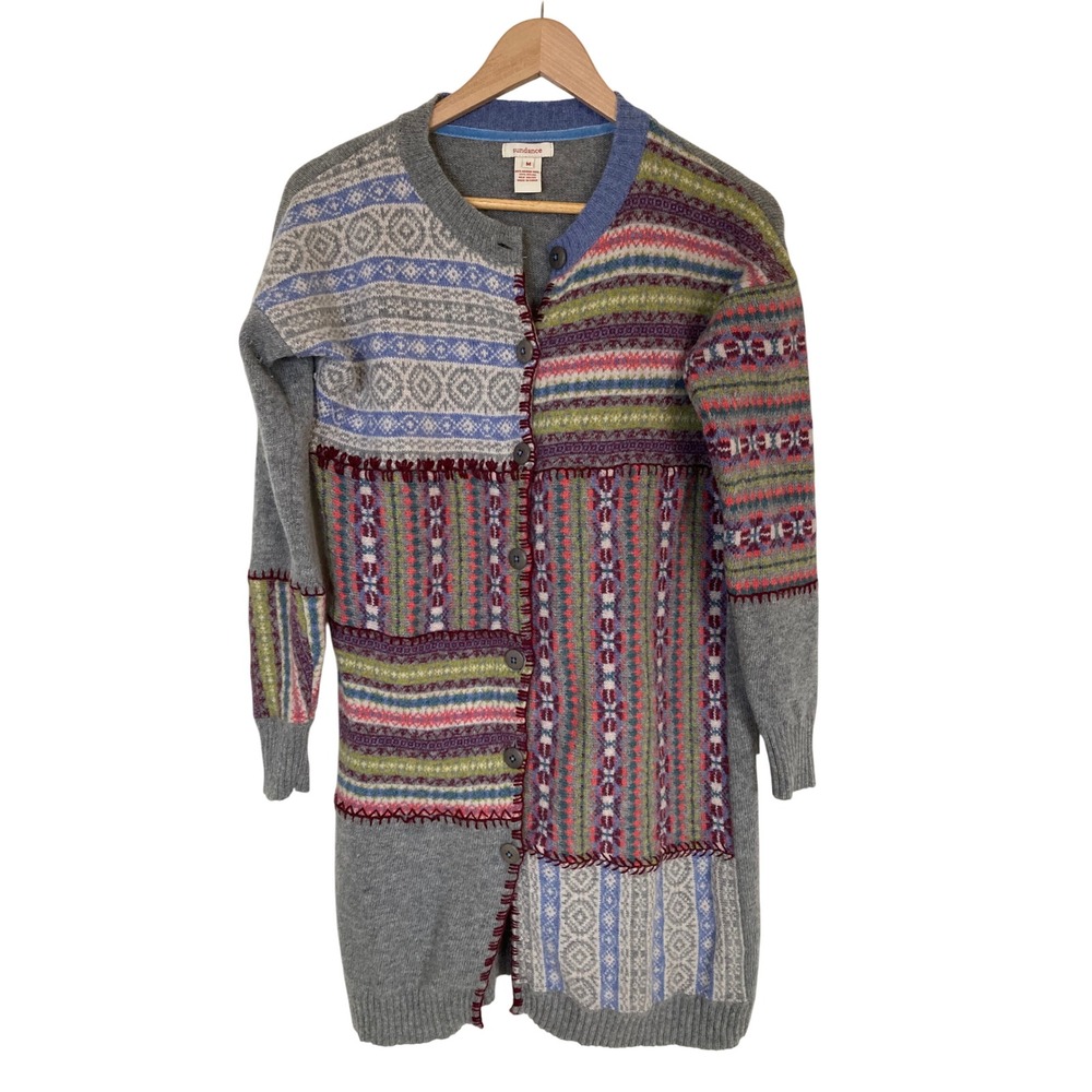Sundance Merino Wool Patchwork Fair Isle Cardigan Sweater Grey Multi Medium